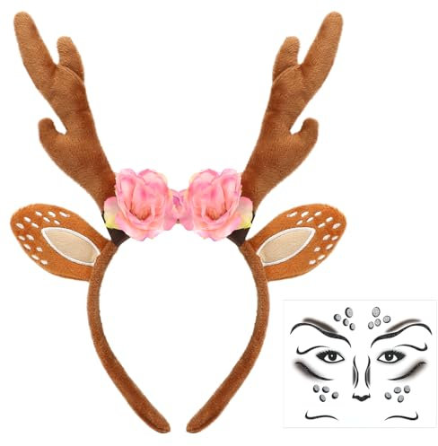 MorLuks Reh Haarreif, Reh Geweih Haarreif mit Ohren Blumen, Reh Tattoo Gesicht, Reh Kostüm Accessoires, Rentier Kostüm Zubehör für Kinder Erwachsene Karneval Fasching Halloween Cosplay