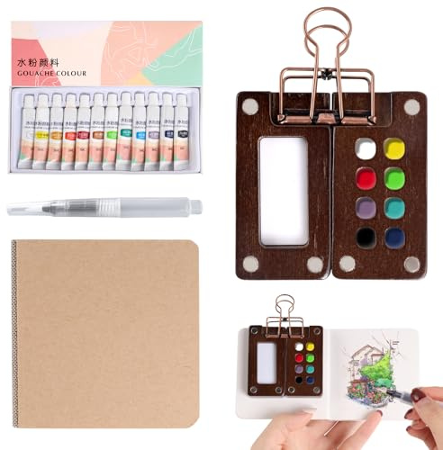 Mini Palette Aquarelle: Palette Aquarelle Portable - Palette De Peinture Bois avec Clip Et Stylo à Aquarelle pour Aquarelle, Gouache