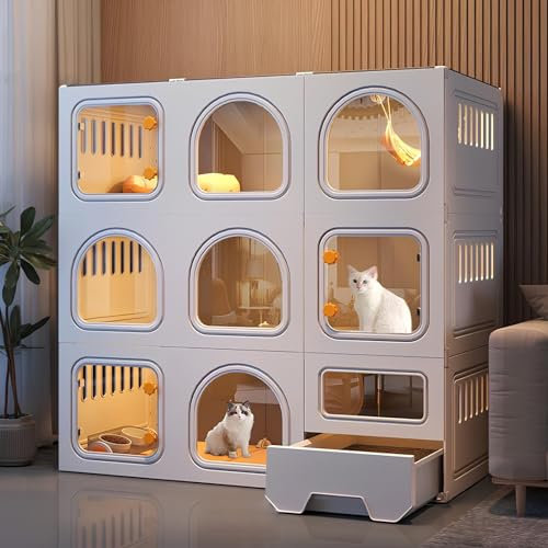 XAoSCd Jaula para Gatos De Interior De 3 Niveles, Recinto para Gatos con Caja De Arena, Jaulas para Gatos con Ventana, Fácil De Montar, para 1 O 2 Gatos,White