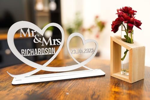 Personalised Mr & Mrs Wedding Plaque - Custom Surname and Date - Freestanding Heart Decoration - Keepsake Gift for Weddings, Anniversaries, or Table Decor