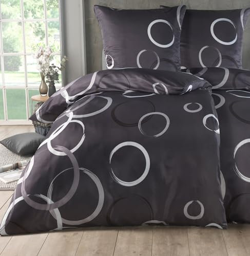 Kuscheli® Bettwäsche 135x200 4 teilig, Mikrofaser Bettwäsche Set, Bettbezug 135 x 200 & Kissenbezügen 80x80, ÖkoTex Zertifiziert, Design Kreise Anthrazite