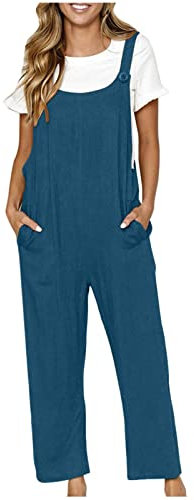 TURWXGSO Cotton Linen Dungarees for Women Loose Fit Ladies Baggy Overalls - Sleeveless Bib Overalls with Pockets, Plus Size Wide Leg Casual Jumpsuit & Playsuit