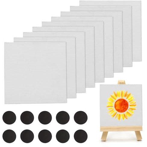 Lot de 10 petites toiles vierges pour peinture, 10 x 10 cm, avec 1 mini chevalet en toile, pour acrylique, huile, aquarelle, projets artistiques, réfrigérateurs, tableaux noirs à faire soi-même