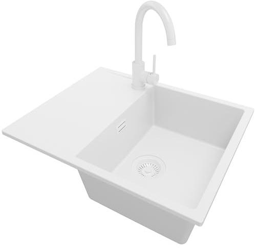 PRIMAGRAN Granitspüle ab 45er Unterschrank + Küchenarmatur, 62x50cm | Set: Küchenarmatur BW5010 + Ablauf-Set (Siphon, Ablaufgarnitur, Überlauf) + Spülbecken 1 Becken - Ibiza, Alles Weiß