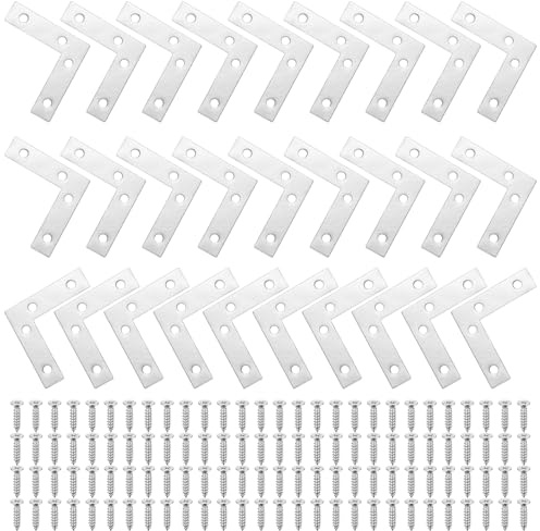 28 Pièces Équerres Plates 90° 60x60mm en Acier Inoxydable, Connecteurs d'Angle Métalliques pour Meubles, Tables, Chaises + Vis Incluses
