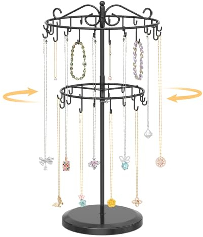 EsLuker.ly Kettenständer Kettenhalter Schmuck Schmuckständer Ketten Halsketten Aufbewahrung, 2-stufig Höhenverstellbar Kettenaufbewarung Schmuck Aufhänger Necklace Holder Organizer Drehbarer, Schwarz