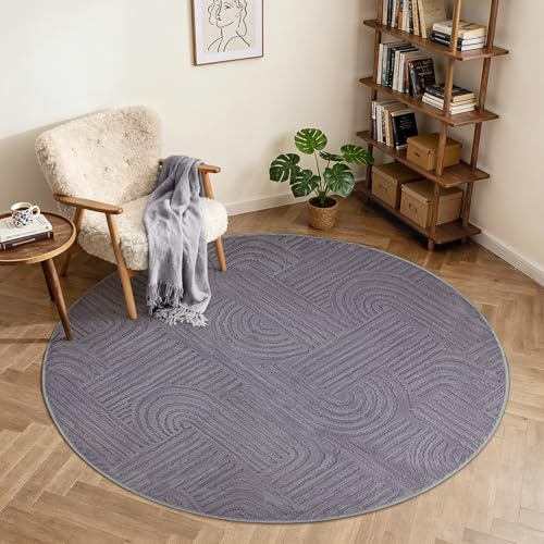 BEIMO Kurzflor Teppich Wohnzimmer Rund 120CM, Flauschiger rutschfest Boho Wohnzimmerteppich mit 3D Optik, Waschbarer Moderner Teppich für Schlafzimmer, Küche&Flur Grau