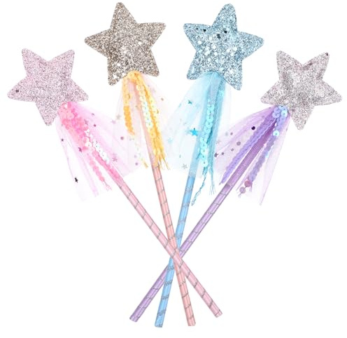 4Pcs Magic Wand,Princess Wand Glitter Fairy Wands Sparkle Star Wands Princess Accessories Fairy Kit Princesses Costume Role Play Props for Birthday Halloween Christmas Party(Pink Blue Purple Yellow)