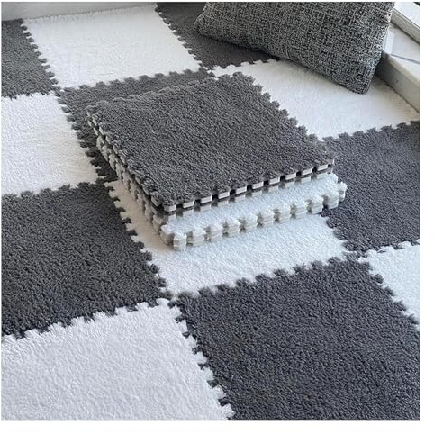 Plush Interlocking Foam Carpet Tiles with Border,12Pcs 12X12X0.4 Thick Padded Squares Foam Floor Tiles,Fluffy Puzzle Play Mat for Home Decor(Gray+White)