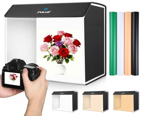 60cm x40cm Fotobox tragbares Fotostudio Lichtfeld – dimmbares, zusammenklappbares PULUZ 24 Zoll x 16 Zoll Fotohaus Light Box mit 4 farbigen Hintergründen für Schmuck Produktfotografie