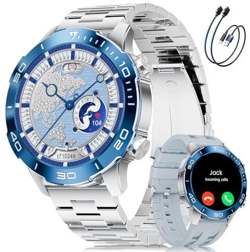 DREMAC Smartwatch Herren Luxus 40mm, Robustes Aluminium,AMOLED-Display,50 Tage Akkulaufzeit,IP68 Wasserdicht Fitnessuhr mit Herzfrequenz/SpO2/Schlafmonitor,Schrittzähler, für Android iOS,Silberblau