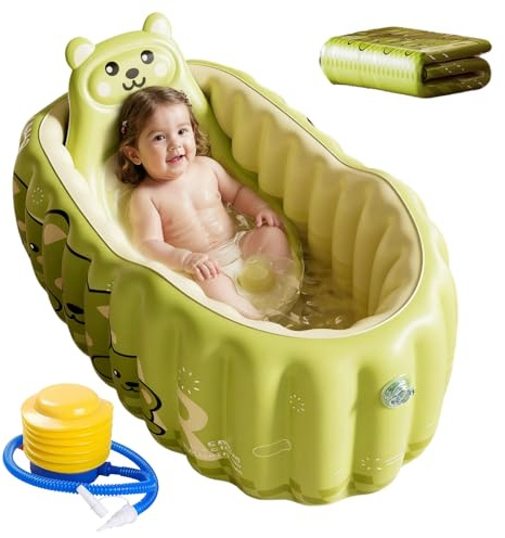 Aufblasbare Babybadewanne mit Rückenlehne, rutschfeste Duschwanne für Kinder & Kleinkinder – Tragbare Babybadewanne mit Sitz und Luftpolster, inkl. Luftpumpe, ideal für Reisen & Zuhause (Grün)