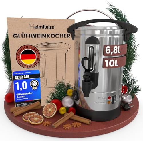 Heimfleiss® Glühweinkocher 6,8L Edelstahl 1500W mit Zapfhahn & Thermostat | Heißwasserspender & Heißgetränkeautomat | für Glühwein, Punsch, Tee & Wasser | Einkochautomat mit Überhitzungsschutz & Deckel