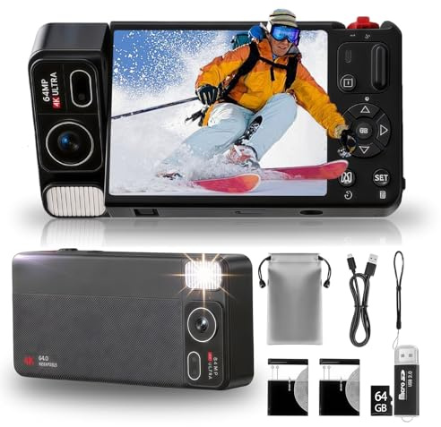 TEKXDD Digital Camera 270°Flip Screen, 4K 64MP Digital Compact Camera with 64GB card, 18X Zoom/Vlog Video Camera/Anti-shake/Flash, 2 Batteries+Card reader+Storage Bag for Beginner Teens Adults YouTube