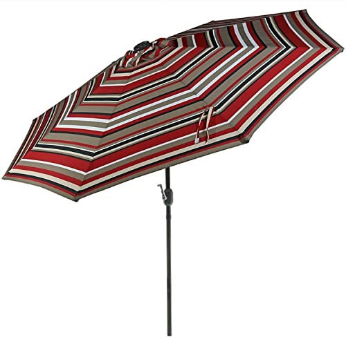 Sunnydaze 9-Foot Outdoor Patio Umbrella with Solar Lights, Awning Stripe