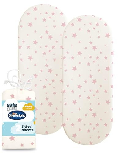 Silentnight Safe Nights Fitted Sheet - Pram Moses Basket Mattress - Breathable 100% Cotton Jersey - Super Soft Kind to Baby Skin - 74x27cm - Secure Fit with Elasticated Corners - 2 Pack, Pink Stars