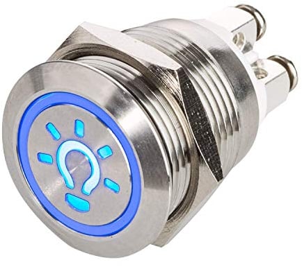 Metzler LED Drucktaster Ø 19 mm - 230 V - flacher Edelstahl-Taster beleuchtetes Licht-Symbol - Schraubkontakte - AC/DC (Blau)