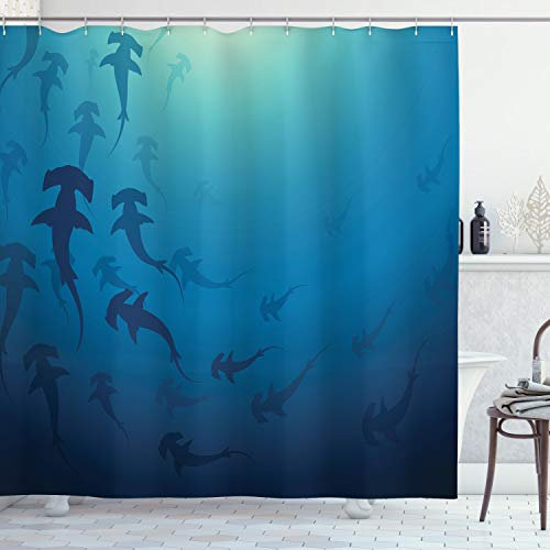 ABAKUHAUS Navy blau Duschvorhang, Hammerhai, Stoffliches Gewebe Badezimmerdekorationsset mit Haken, 175 x 240 cm, Navy blau