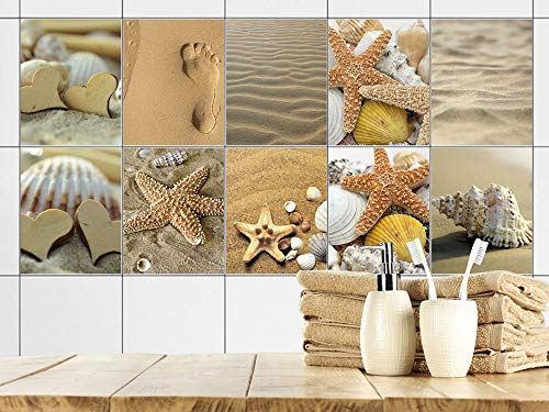 GRAZDesign Fliesenaufkleber Bad Strand braun, Fliesensticker Fliesen zum Aufkleben Klebefliesen für Badfliesen - Set 10 Stück