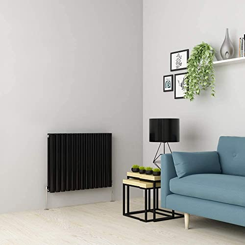Warmehaus Radiatore di design a colonna orizzontale ovale a pannello piatto doppio nero 600 x 768 mm – moderno riscaldamento centralizzato termosifone salvaspazio – perfetto per bagno, cucina,