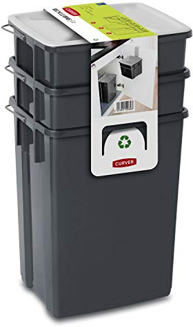 Curver Kit de tri des déchets - 2 x 10 l + 6 l - Poubelle de cuisine - Système de tri sélectif - Poignée de transport - Couvercle avec support
