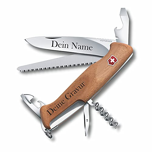 Taschenmesser Ranger Wood 55 aus Holz mit Gravur I Geschenk für Männer Frauen I zum Geburtstag I Schweizer Taschenmesser personalisiert Griff Klinge (Gravur am Griff)