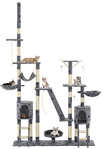 Ksodgun Katzen-Kratzbaum mit Sisal-Kratzsäulen höhlen Spielhaus Spielzeug Kletterbaum Klein Katzenmöbel für Grosse Katzen 230-250 cm Grau Pfoten-Aufdruck