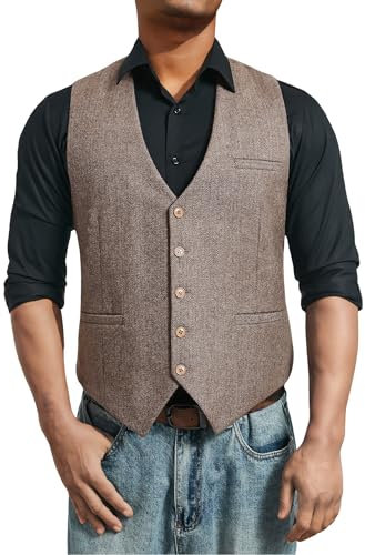 HISDERN Gilet da Uomo Tweed Elegante Abito Gilet Lana Formale Matrimonio Gilet Senza Maniche Gilets per Uomo Castano M