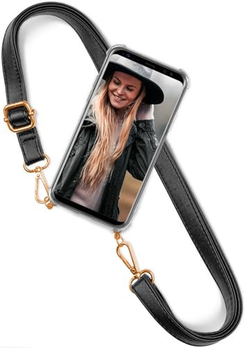 ONEFLOW Chaîne de téléphone Portable « Twist Strap » Compatible avec Apple iPhone 13 - Housse de Protection Transparente avec Cordon en Cuir végétalien - Noir