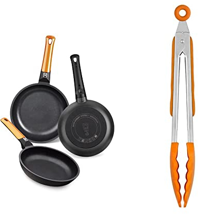 BRA Efficient Orange Set De 3 Sartenes, Aluminio, Negro, 20-24-28 cm [Amazon Exclusive] + Efficient Pinza de Cocina, Acero INOX, Nailon y Silicona, Naranja, 28.5 cm