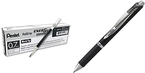 Pentel LRP7-AX Nachfüllmine für EnerGel Stifte, 12 Stück, 0.7 mm, schwarz & EnerGel Document BLP77-AX Gel-Tintenroller, schwarz, 0,7 mm Strichstärke, lichtechte Tinte - dokumentenecht nach ISO 27668-2