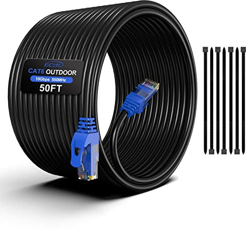 Cable Cat6 para exteriores - Cable Ethernet Cat 6 de 50 pies, CCA de 24 AWG, UTP (sin blindaje), impermeable, resistente a los rayos UV, entierro directo, red, Internet, LAN RJ45 con 25 bridas