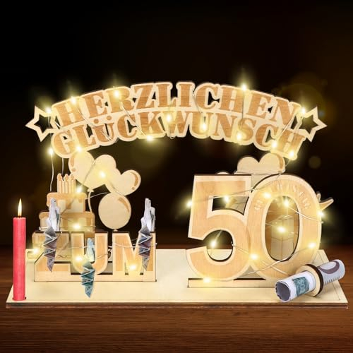 Meleager Geldgeschenke 50 Geburtstag,50.Geschenke Dekoration mit LED Lichterkette,Geschenke aus Holz zum 50 Geburtstag Mann Frau,Geldgeschenke Geburtstag Holz für Männer und Frauen, A06-5