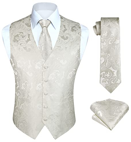 Gilets de mariage pour hommes Gilets Paisley pour hommes Floral Jacquard Cravate Pocket Square Mouchoir Mariage Business Fit Vest Suit Set L