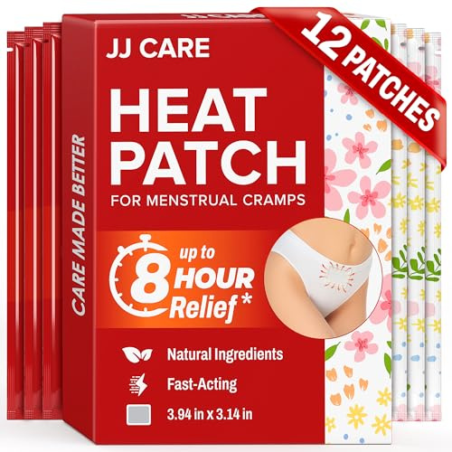 JJ CARE Wärmepflaster zur Linderung von Menstruationskrämpfen (12 Stück - normale Größe), Periode bei Krämpfen mit luftaktivierter Kohle, Menstruationsheizpflaster für die Periode - 8,0 x 10,0 cm