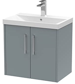 Hudson Reed JNU2323D Juno Modern Bathroom Wall Hung 2-Door Vanity with Thin-Edge Ceramic Basin, 600mm, Matt Coastal Grey