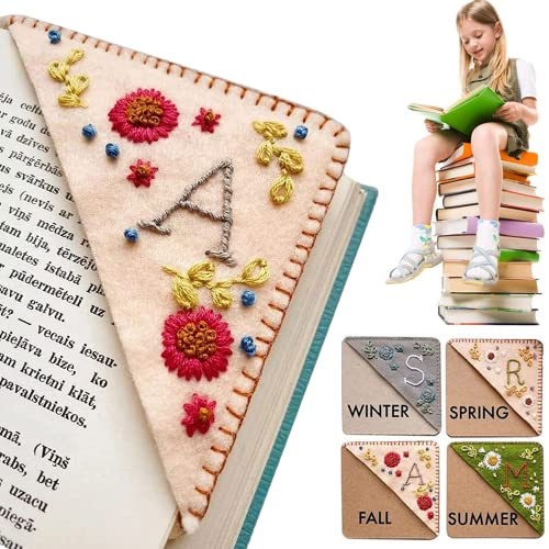 Personalisierte Hand bestickt Ecke Lesezeichen, 26 Buchstaben niedlich Blume bestickt Ecke Lesezeichen Stickerei Buch Marker Clip, Filz Dreieck Lesezeichen für Buchliebhaber (FALL, J)