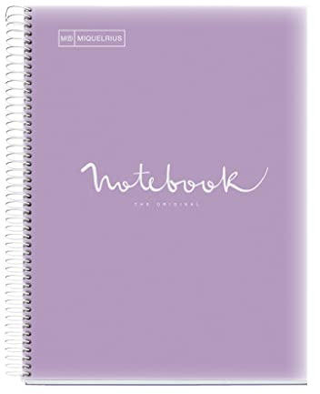 Miquelrius - A4 Notizbuch Emotions, Notebook, 80 Blatt 90 g/m², Séyès-liniert, 1 Farbstreifen, mikroperforierte Spirale, Polypropylen-Einband, 4 Löcher, Farbe Lavendel