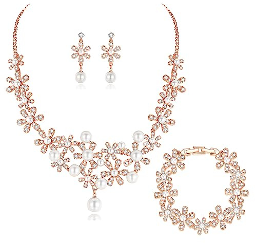 Josfeva Bridal Jewellery Sets for Women, Flower Necklace & Drop Earring & Bracelet Set with White Zircon & Pearl, Rose Gold Wedding Jewellery Sets for Brides Bridesmaid for Wedding Evening Party