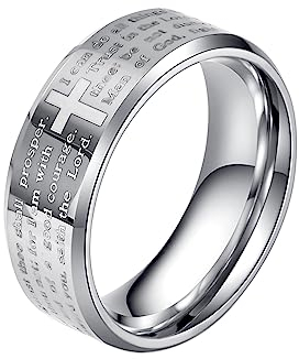 HIJONES Herrenring Aus Wolframkarbid Mit Eingraviertem Bibelvers Lords Prayer 8MM Breit, Bequeme Passform Gold Größe 65