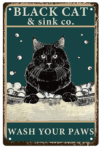 CREATCABIN Black Cat Sink Co. Wash Your Paws Blechschild Katze Metallschilder Vintage Plaketten Galerie Wandschilder Poster Dekor Kunstdruck Hängendes Gemälde Zitaten Für Zuhause Badezimmer 8x12Zoll
