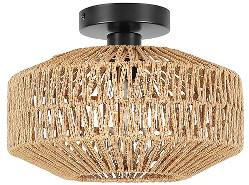 Rattan Intrecciato Plafoniera Soffitto,E27 Plafoniera Vintage Boho Con Paralume In Rattan Per La Camera Da Letto Del Corridoio Cucina, Senza Bulbo
