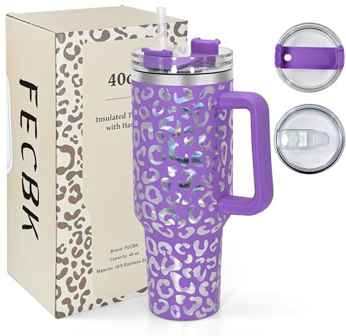 FECBK 1,2L Kaffeebecher to Go Thermobecher Doppelwandig Edelstahl Vakuumisoliert Auslaufsicher Trinkbecher mit Deckel und Strohhalm 40 oz Tumbler Cup, Spülmaschinenfest, Violetter Leopard
