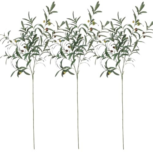 Avoik 3 ramas de olivo artificiales grandes de 39 pulgadas de alto, tallos de hojas de olivo falsas, ramas de árbol, plantas de olivo sintético para jarrones, decoración del hogar, arreglos de boda