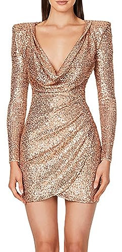 BOTCAM Abito da sera elegante, a maniche lunghe, con scollo a V, per l'inverno, Natale, da festa, mini abito elegante, sexy, slim fit, corto, abito da sera, oro rosa, S