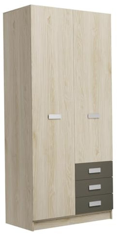 Mattfy - Armario de Dos Puertas con Altillo y Tres cajones Modelo Noah para Dormitorios de Matrimonio e Infantiles, Color Puccini - Grafito, Medidas: 94,8 cm (Ancho) x 207,6 cm (Alto) x 50 cm (Fondo)