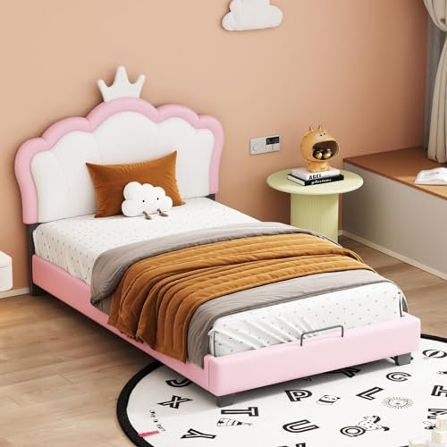 KOMHTOM Lit d'enfant Lit Rembourré avec Tête de Lit, Cadre de Lit Plateforme avec Sommier à Lattes en Bois, Mignon, Princesse, Rose(sans Matelas) (90x200cm)