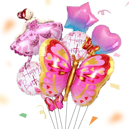ALEGRE® Ballerina Geburtstag Deko Mädchen, 6 Stk Ballerina Schmetterlinge Happy Birthday Deko Folienballon Rosa, Kindergeburtstag Deko, Luftballons Geburtstag für Babyparty, Hochzeit, Taufe Party Deko