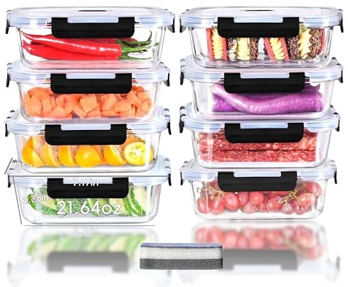 IUGHN Food Storage Containers (with Lids) Set, 8 x 640ML Glass Containers with Lids, BPA Free, Glass Storage Containers, Food Containers with Lids Airtight, Leak Proof, for Microwave, Oven, Freezer