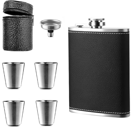 ZMDMAH 1 flasque en cuir litchi noir et acier inoxydable - 4 petites tasses de 227 ml - Convient pour le port d'alcool, Hip Flask, mini flasque en acier inoxydable pour hommes et femmes